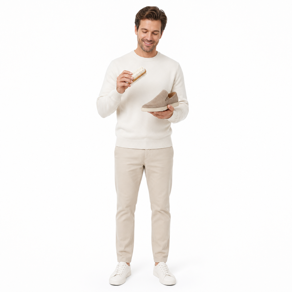 brosse de nettoyage en daim en nubuck shooting porté avec mannequin entier