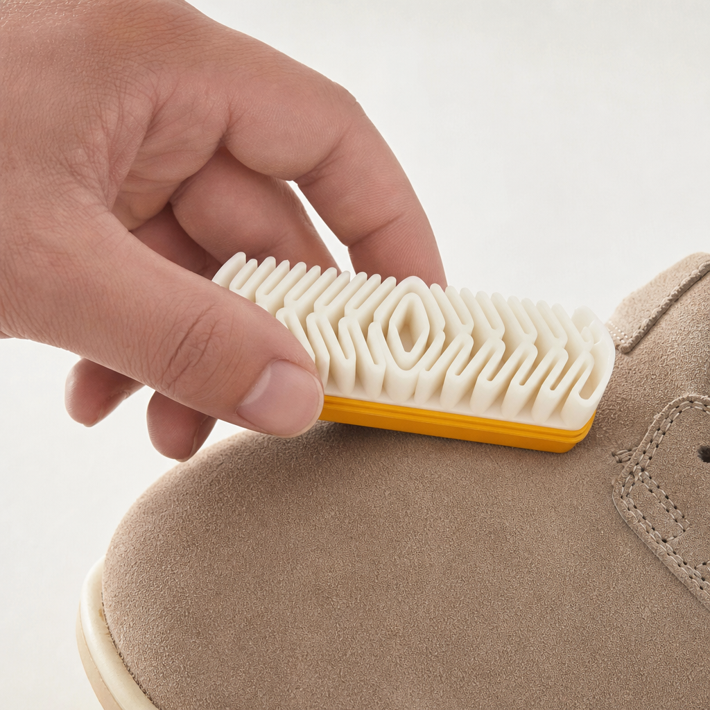 brosse de nettoyage en daim en nubuck détail porté aux pieds