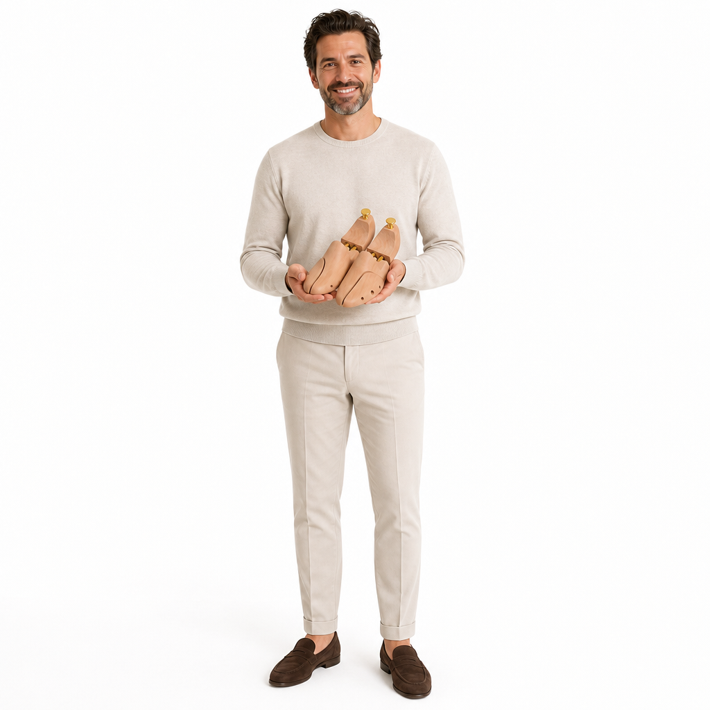 embauchoirs en bois crème en daim en cuir shooting porté avec mannequin entier