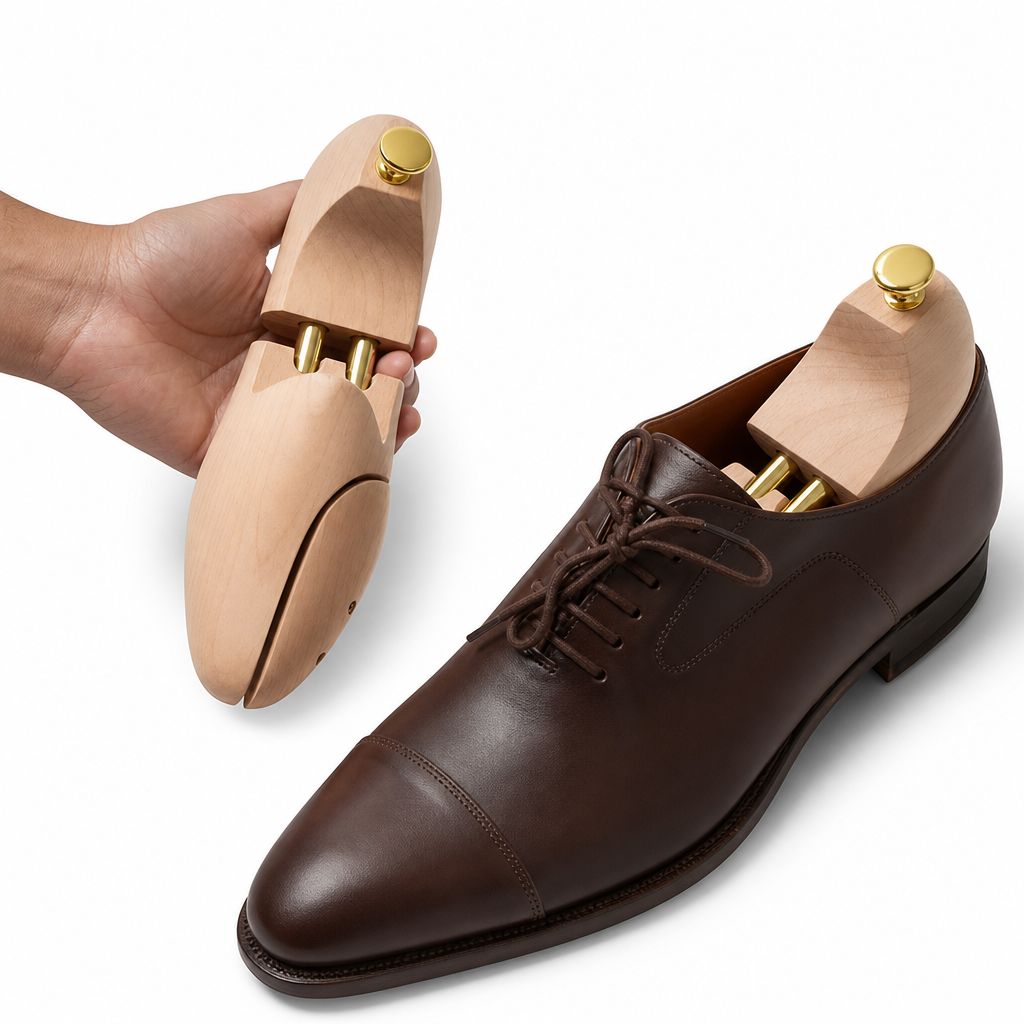 embauchoirs en bois crème en daim en cuir détail porté aux pieds