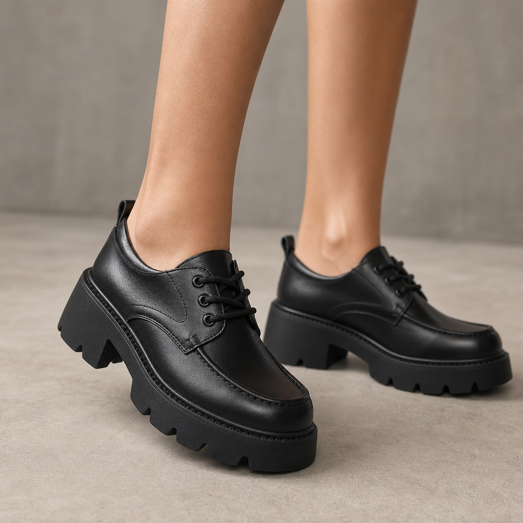 mocassins femme noir à lacets plateforme détail porté aux pieds