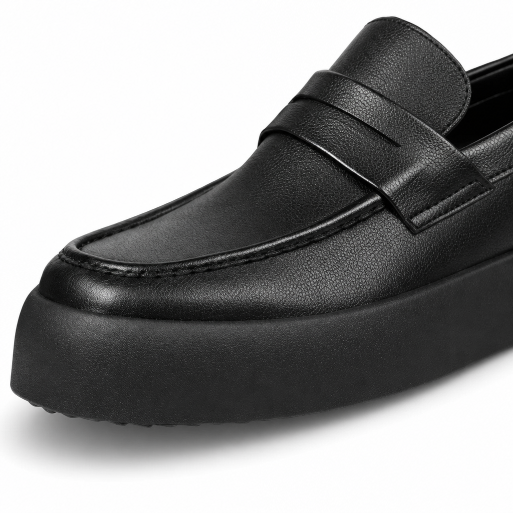 mocassins homme noir en cuir semelle épaisse gros plan détail