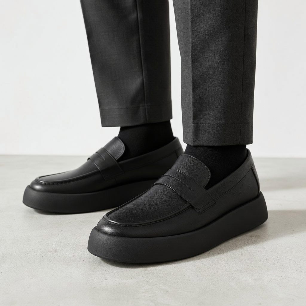 mocassins homme noir en cuir semelle épaisse détail porté aux pieds