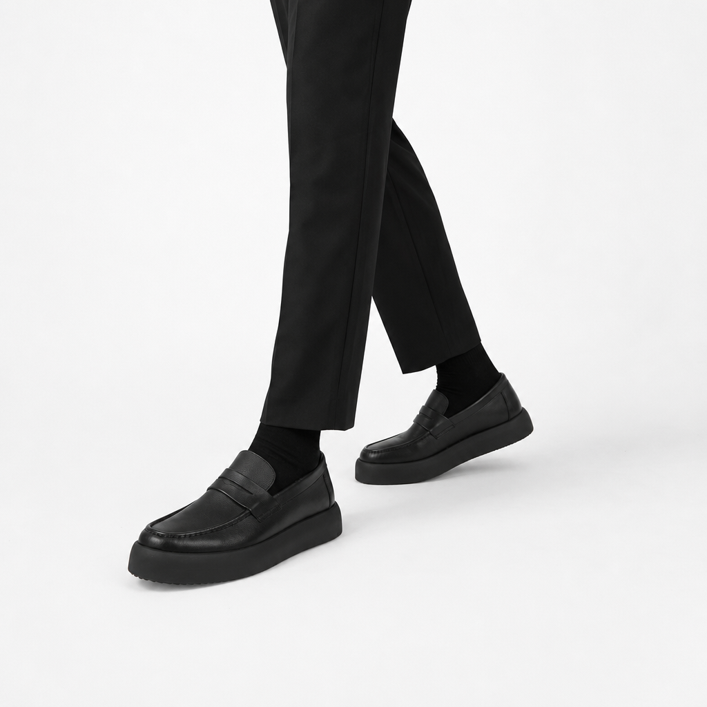 mocassins homme noir en cuir semelle épaisse photo lifestyle portée