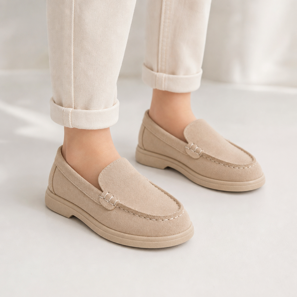 mocassins enfant beige détail porté aux pieds