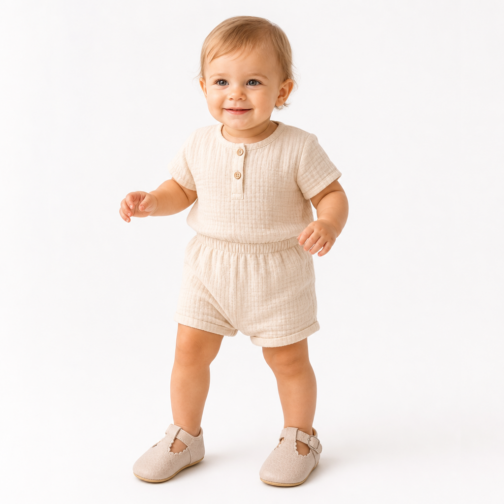 mocassins bébé beige en cuir orthopédique shooting porté avec mannequin entier