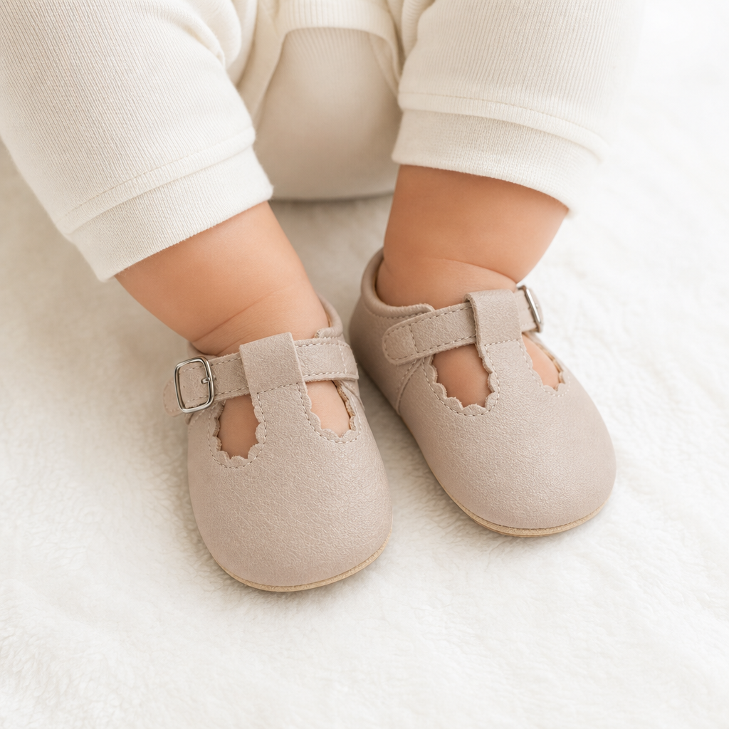 mocassins bébé beige en cuir orthopédique détail porté aux pieds
