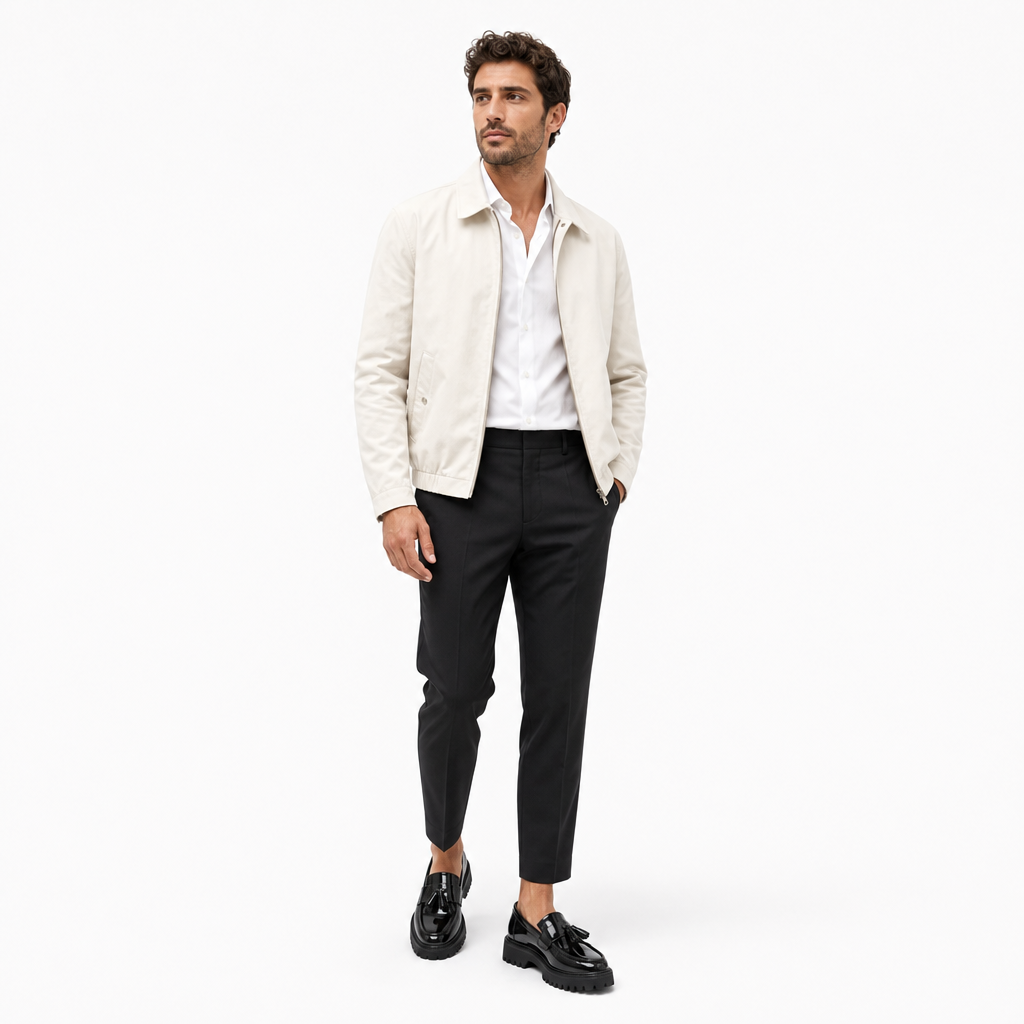 mocassins homme noir verni brillant shooting porté avec mannequin entier