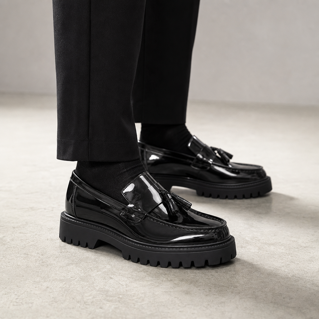 mocassins homme noir verni brillant détail porté aux pieds