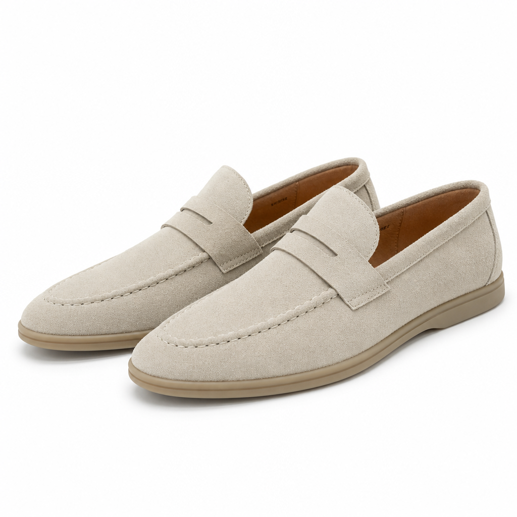 mocassins homme beiges en daim en paire sur fond blanc