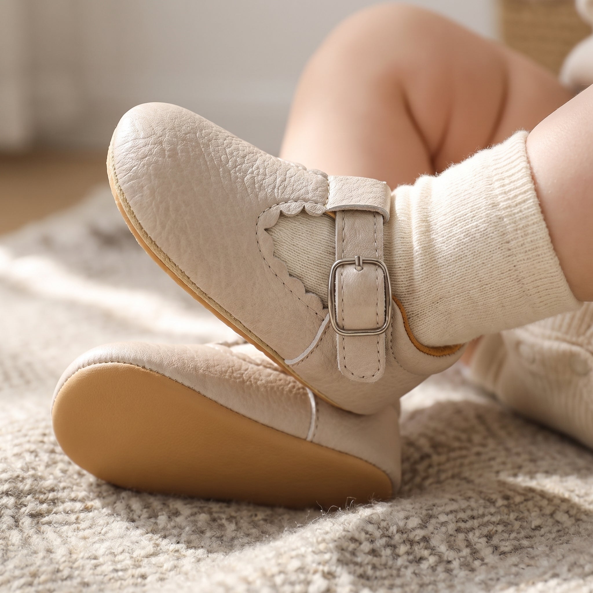 mocassins bébé beiges en cuir chaussons portés aux pieds