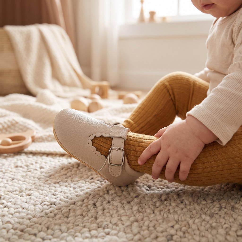 mocassins bébé beiges en cuir chaussons en photo portée lifestyle