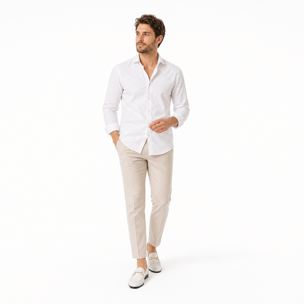 mocassins homme blanc en cuir à mors shooting porté avec mannequin entier