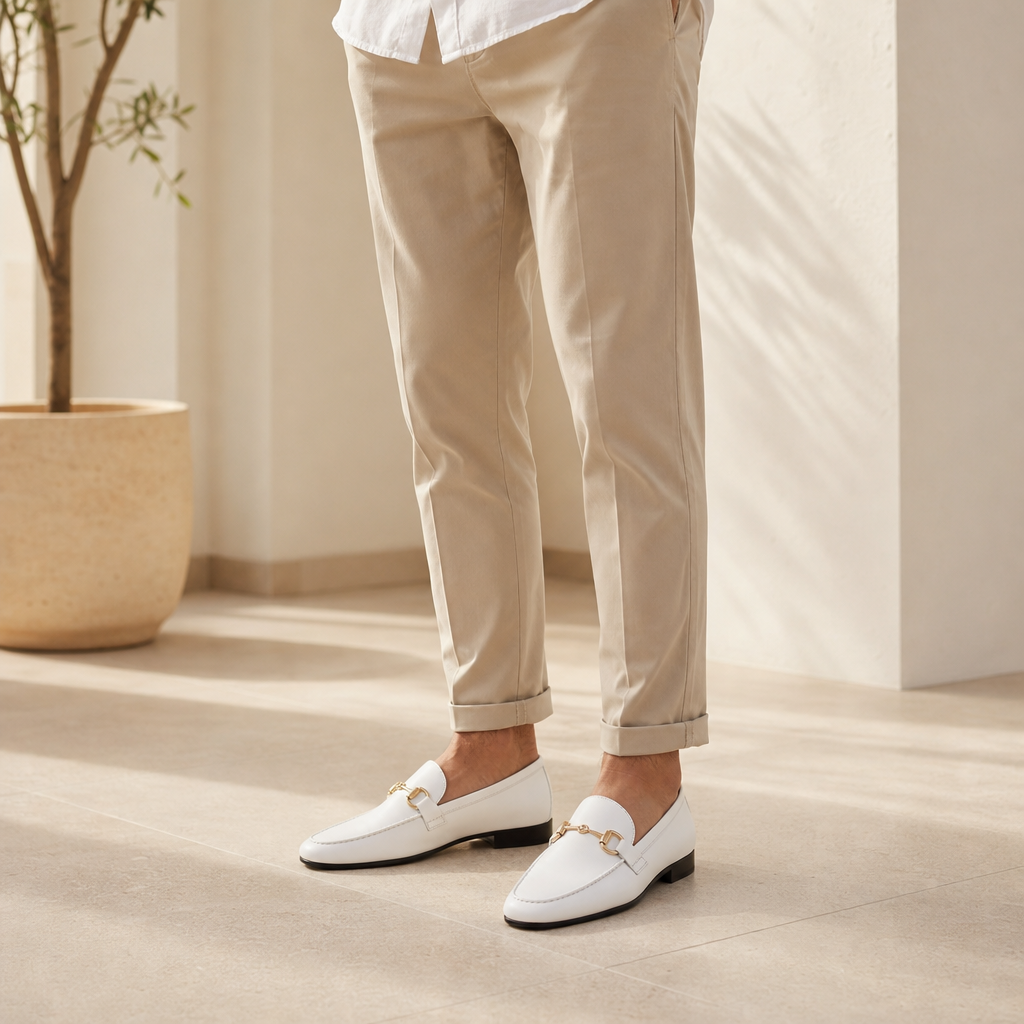 mocassins homme blanc en cuir à mors photo lifestyle portée