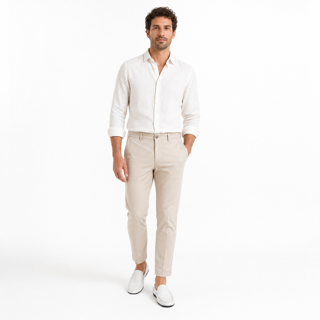 mocassins homme blanc en cuir shooting porté avec mannequin entier