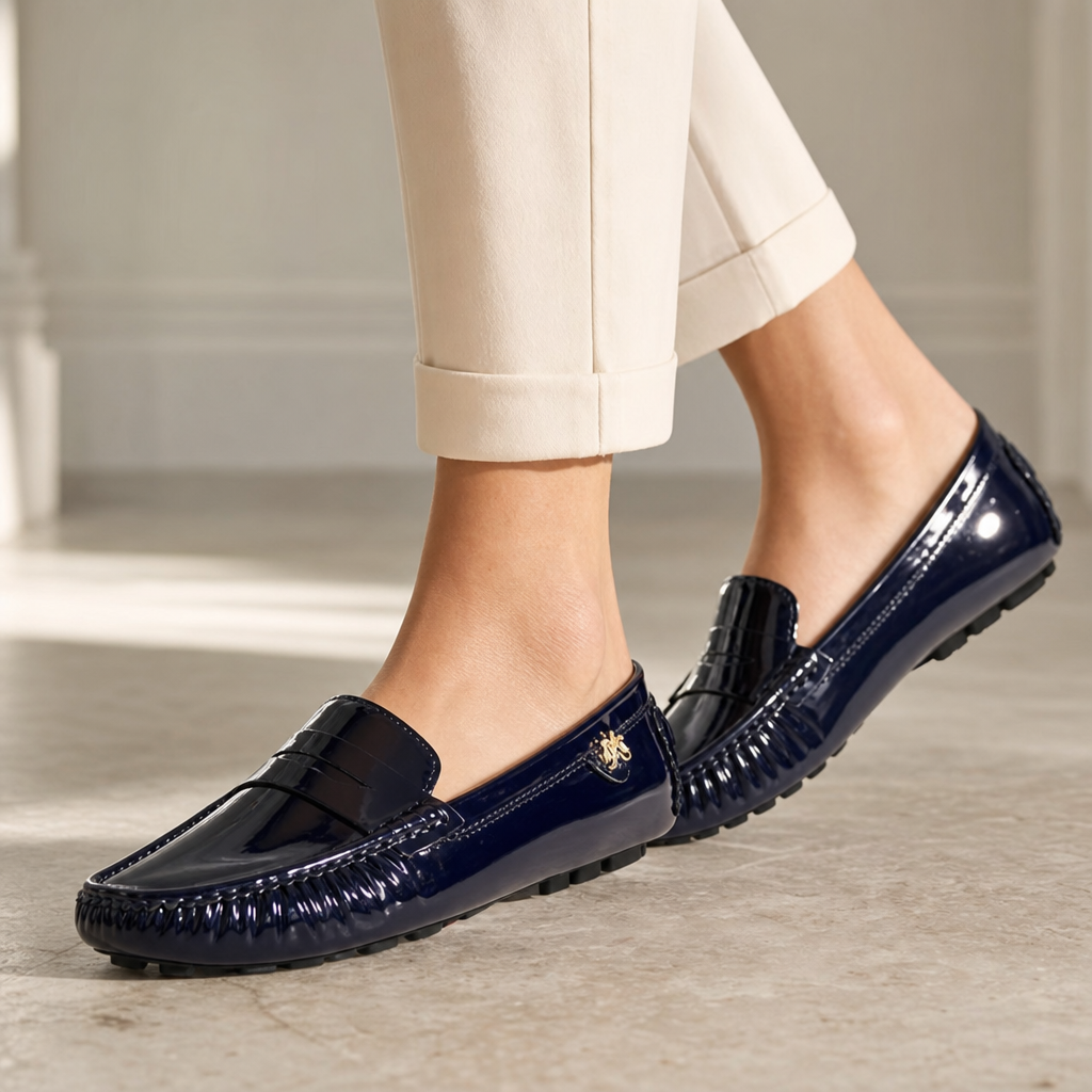 mocassins femme bleu marine verni en cuir détail porté aux pieds