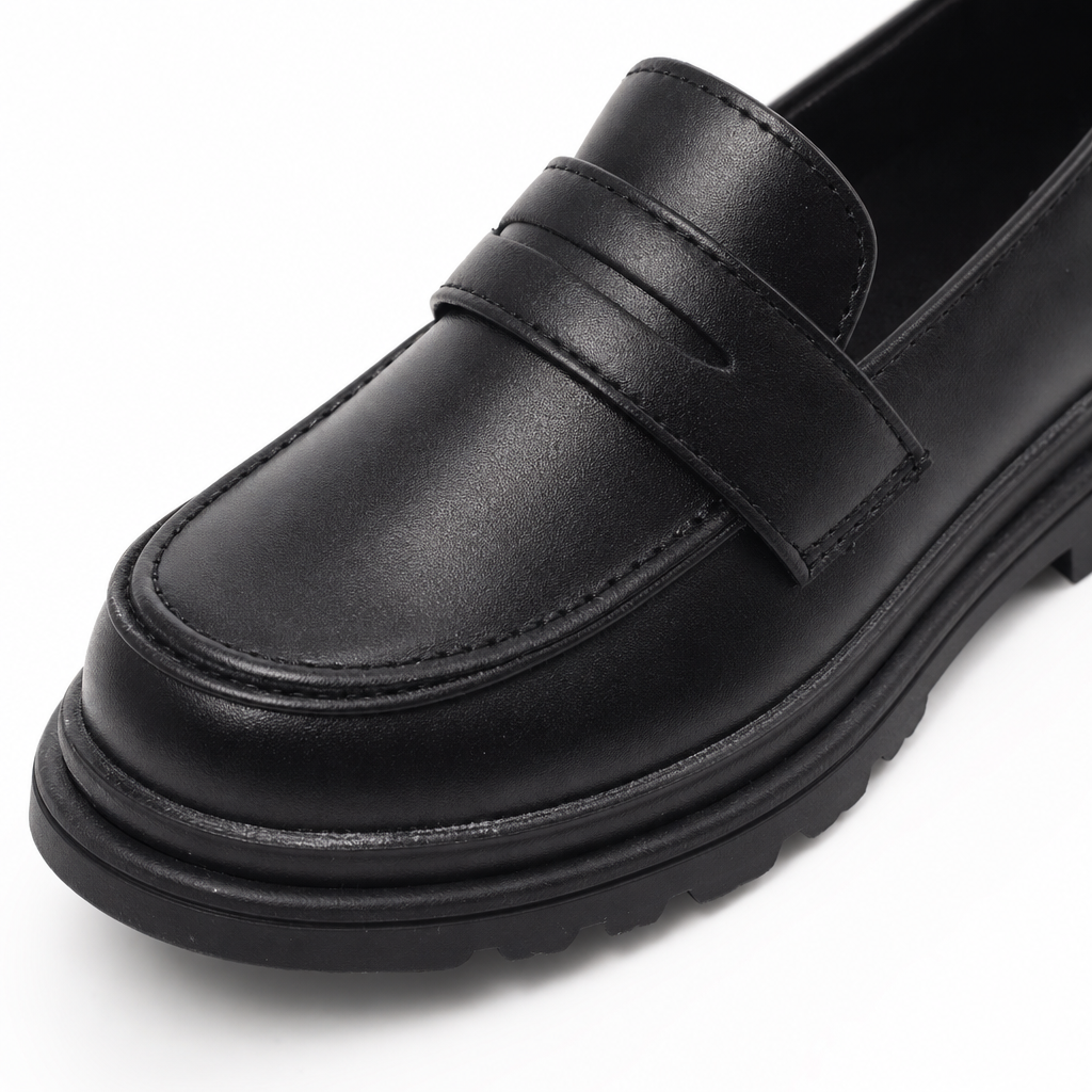 mocassins enfant en cuir à talon gros plan détail