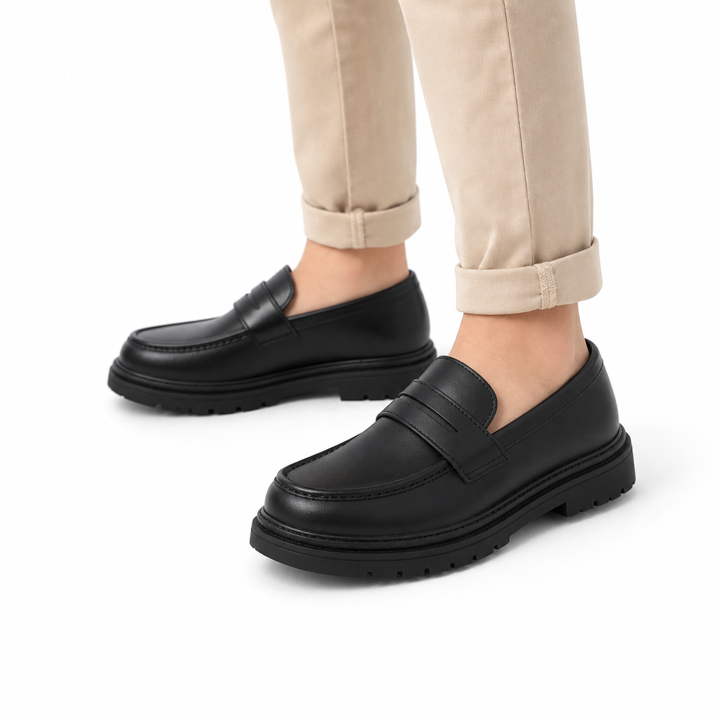 mocassins enfant en cuir à talon détail porté aux pieds