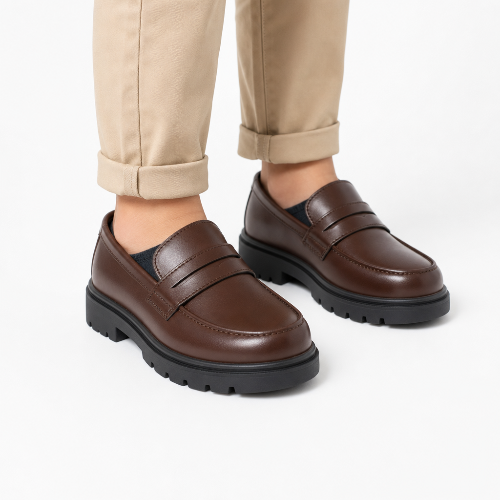mocassins enfant marron en cuir à talon détail porté aux pieds