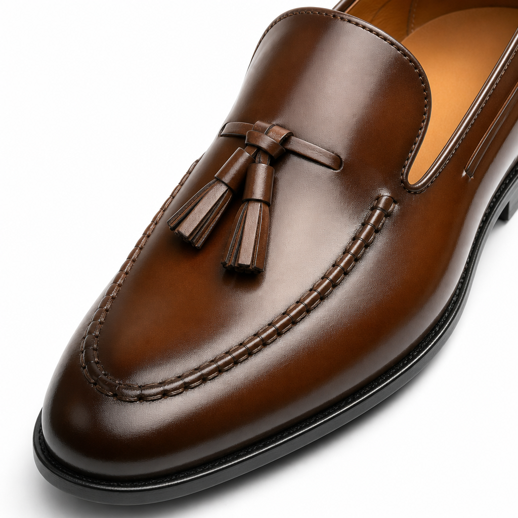 mocassins homme marron verni en cuir gros plan détail