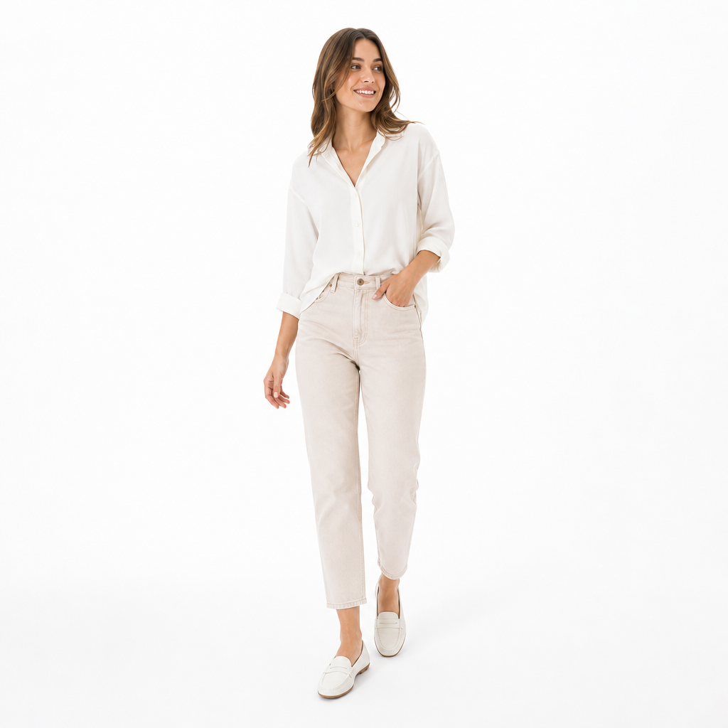 mocassins femme blanc en cuir shooting porté avec mannequin entier