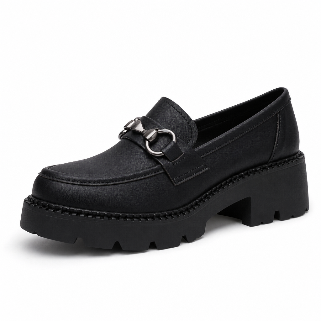 mocassins femme noir en cuir à chaînette vue de côté