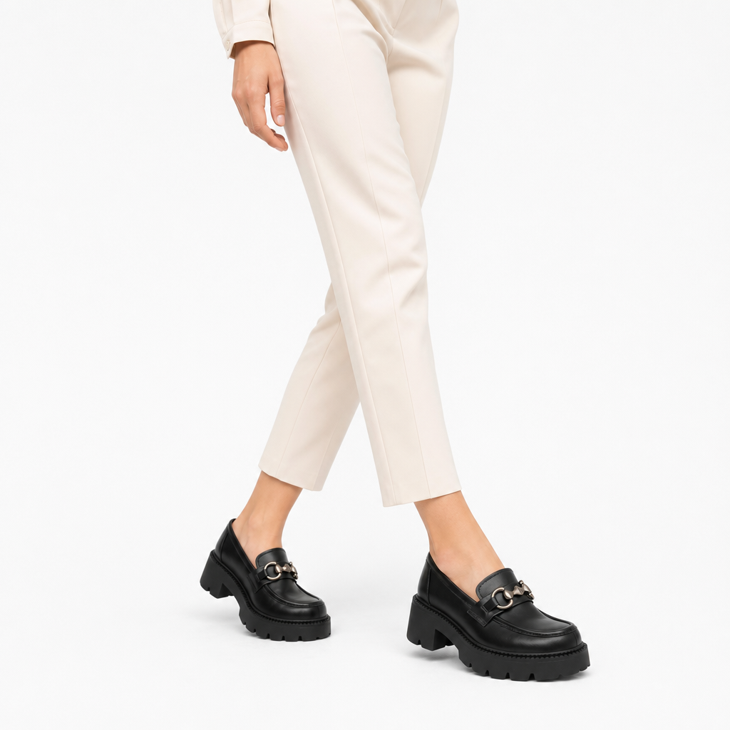 mocassins femme noir en cuir à chaînette photo lifestyle portée