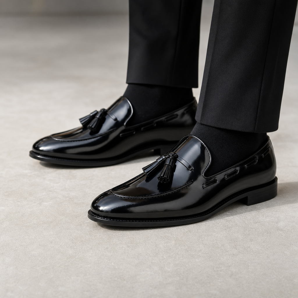 mocassins homme noir verni en cuir détail porté aux pieds