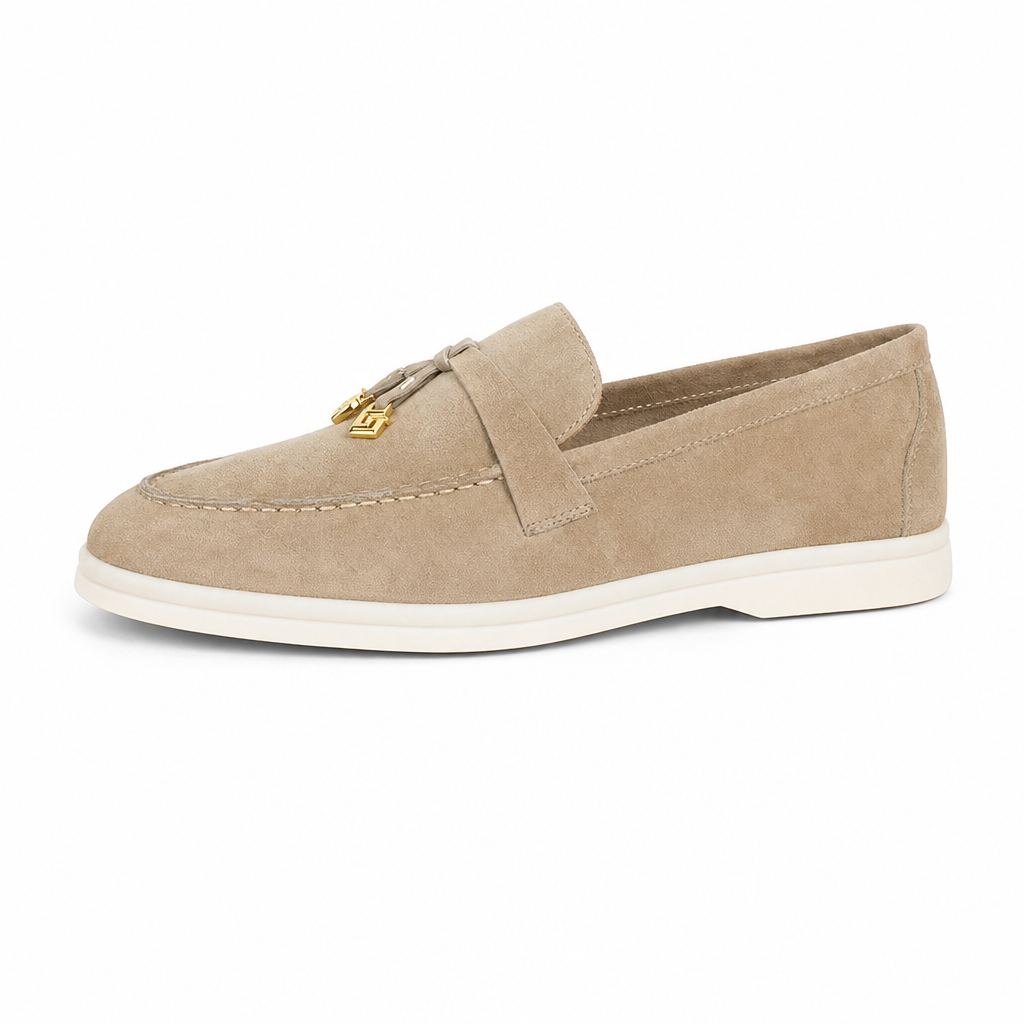 mocassins femme beige en daim en cuir vue de côté