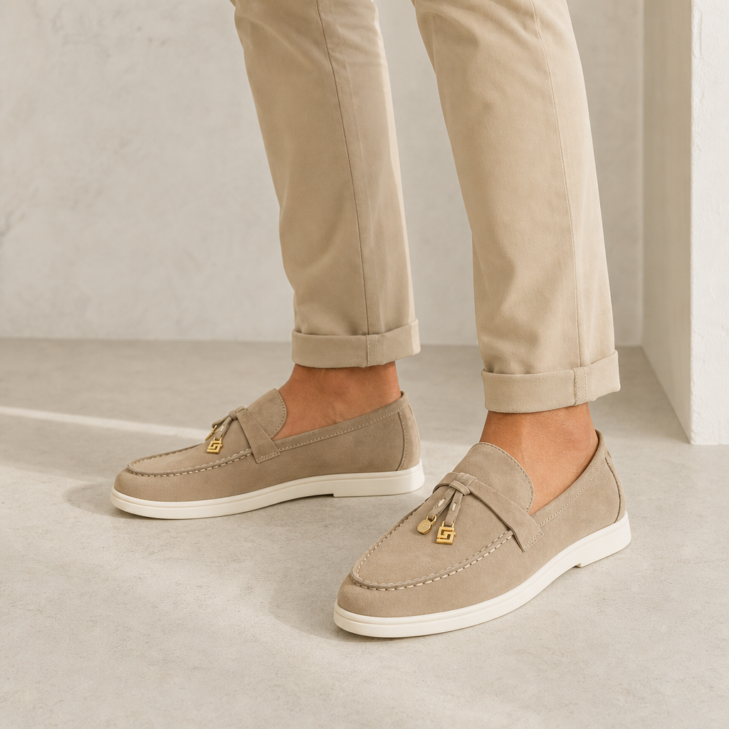 mocassins femme beige en daim en cuir photo lifestyle portée