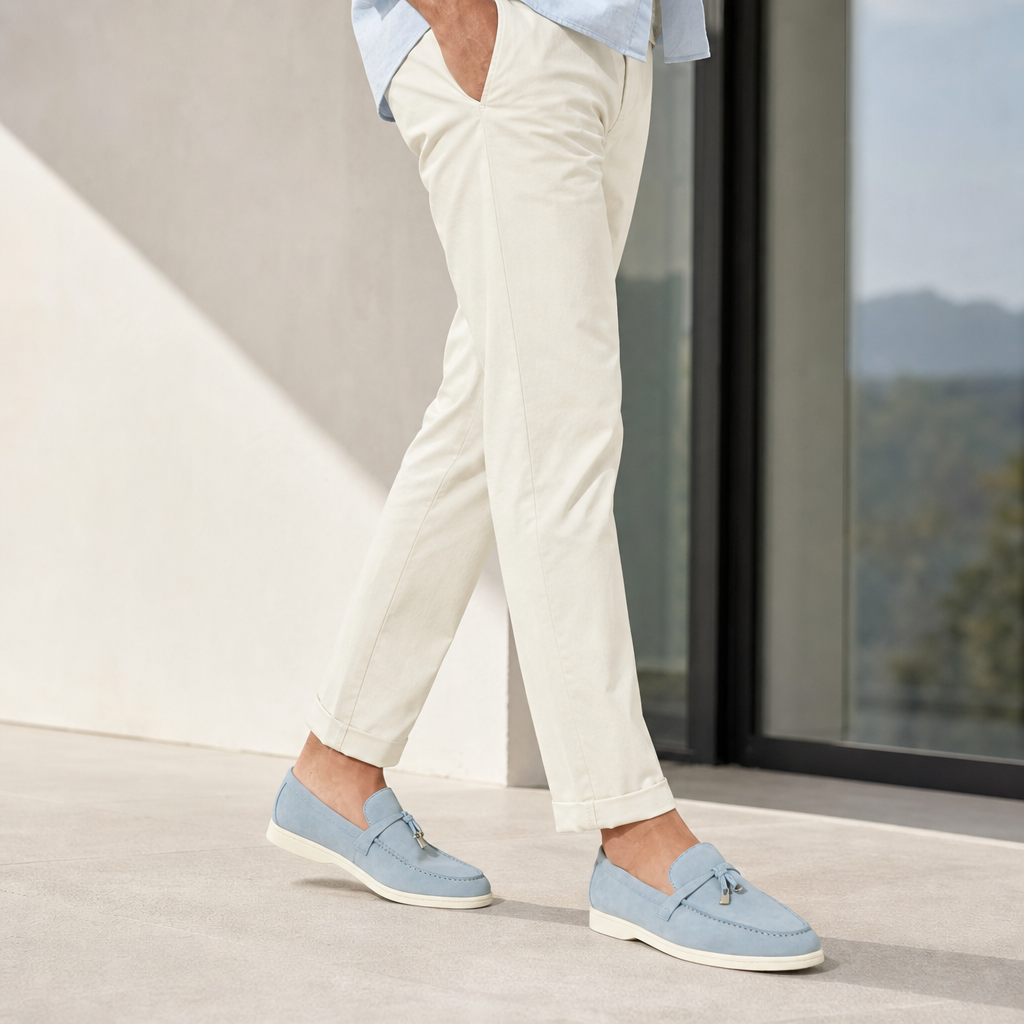 mocassins bleu ciel en daim à glands photo lifestyle portée