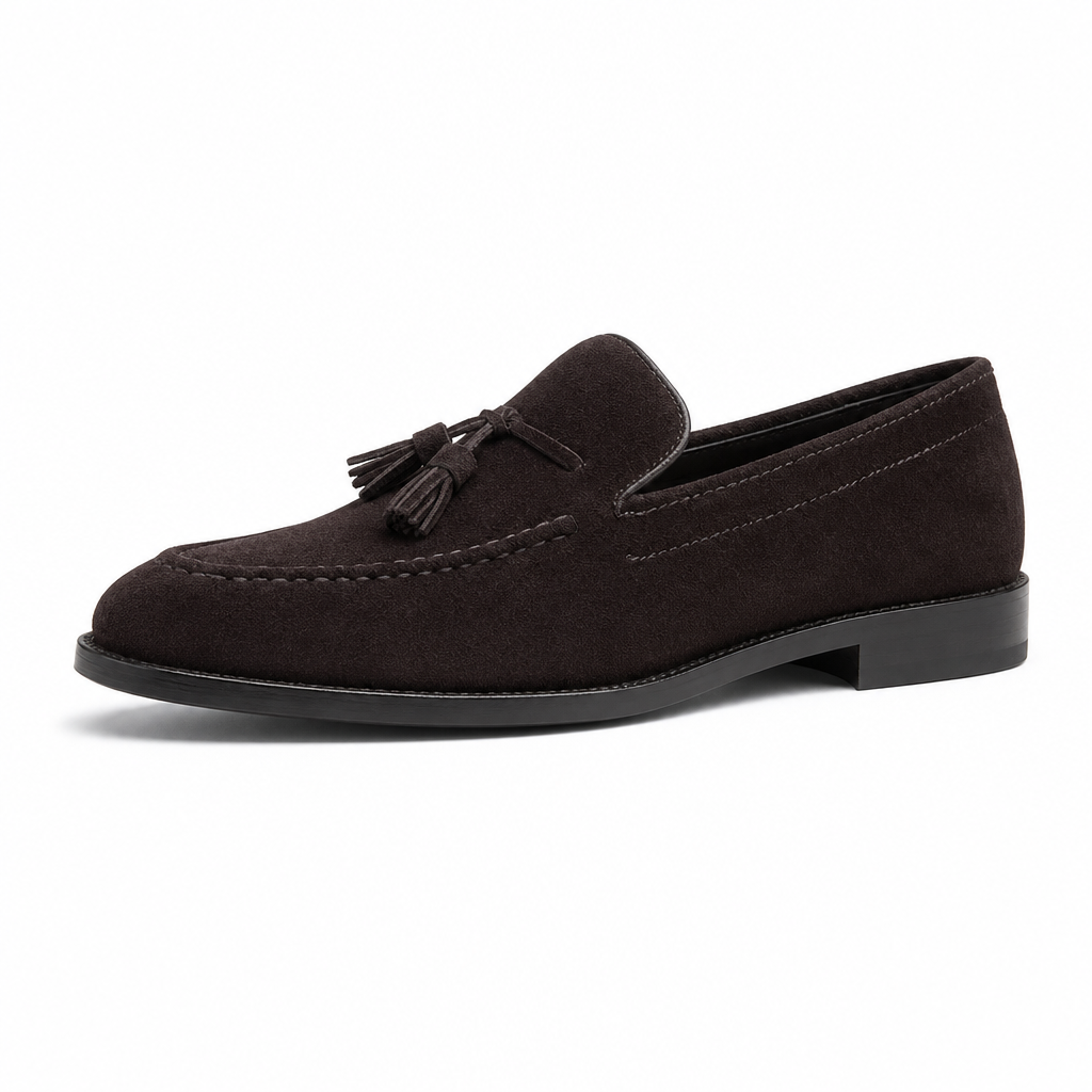 mocassins homme marron en daim à glands vue de côté