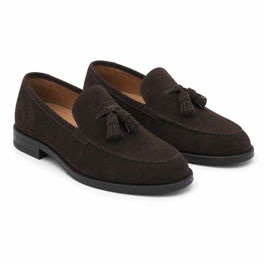 mocassins homme marron en daim à glands paire sur fond blanc