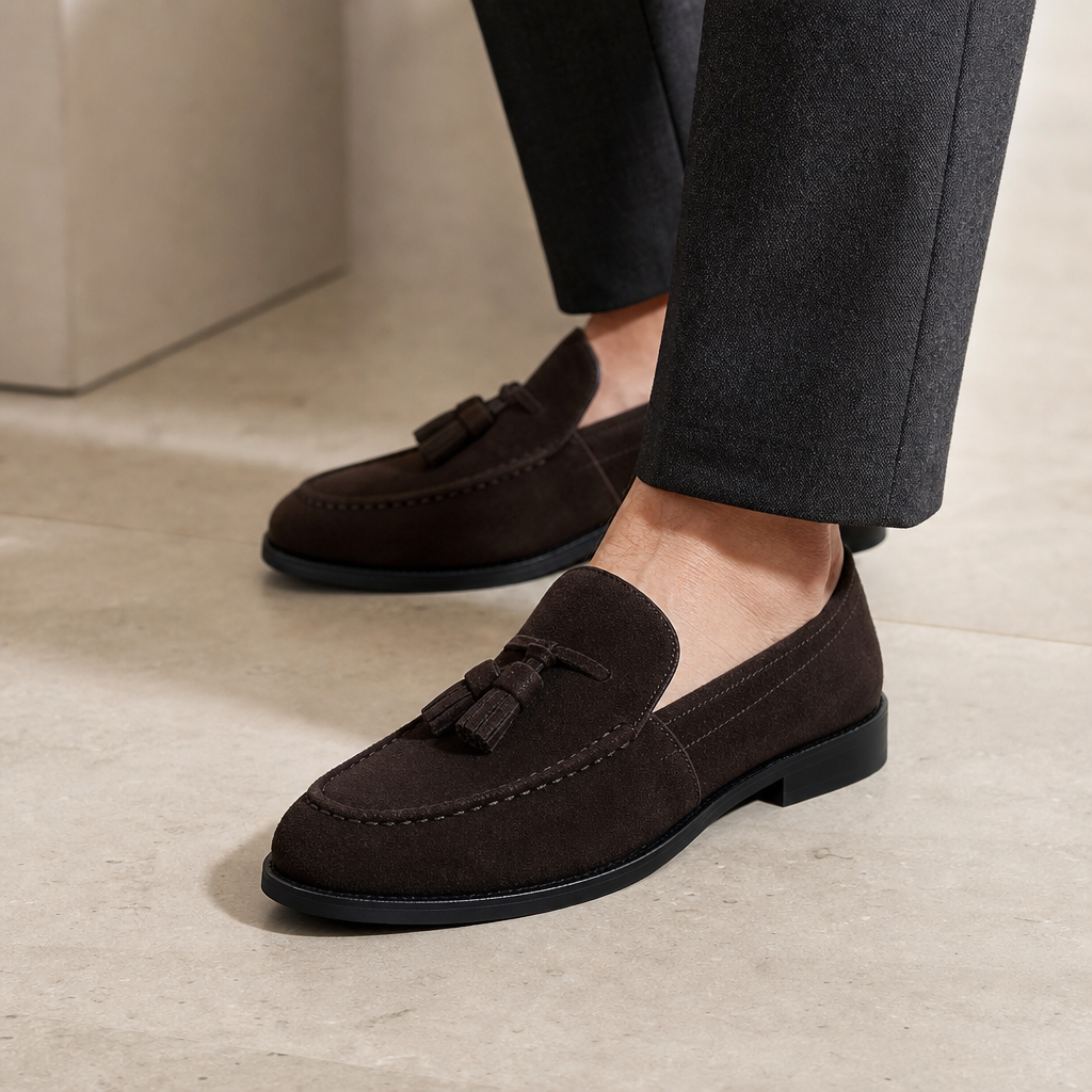 mocassins homme marron en daim à glands détail porté aux pieds