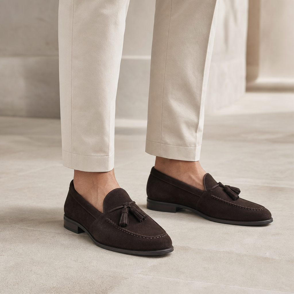 mocassins homme marron en daim à glands photo lifestyle portée