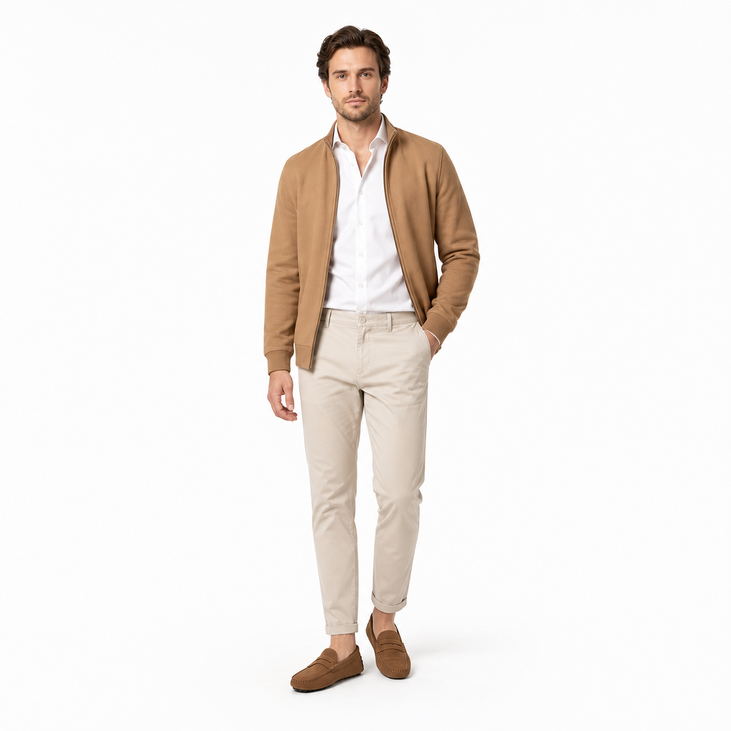 mocassins homme marron en daim shooting porté avec mannequin entier