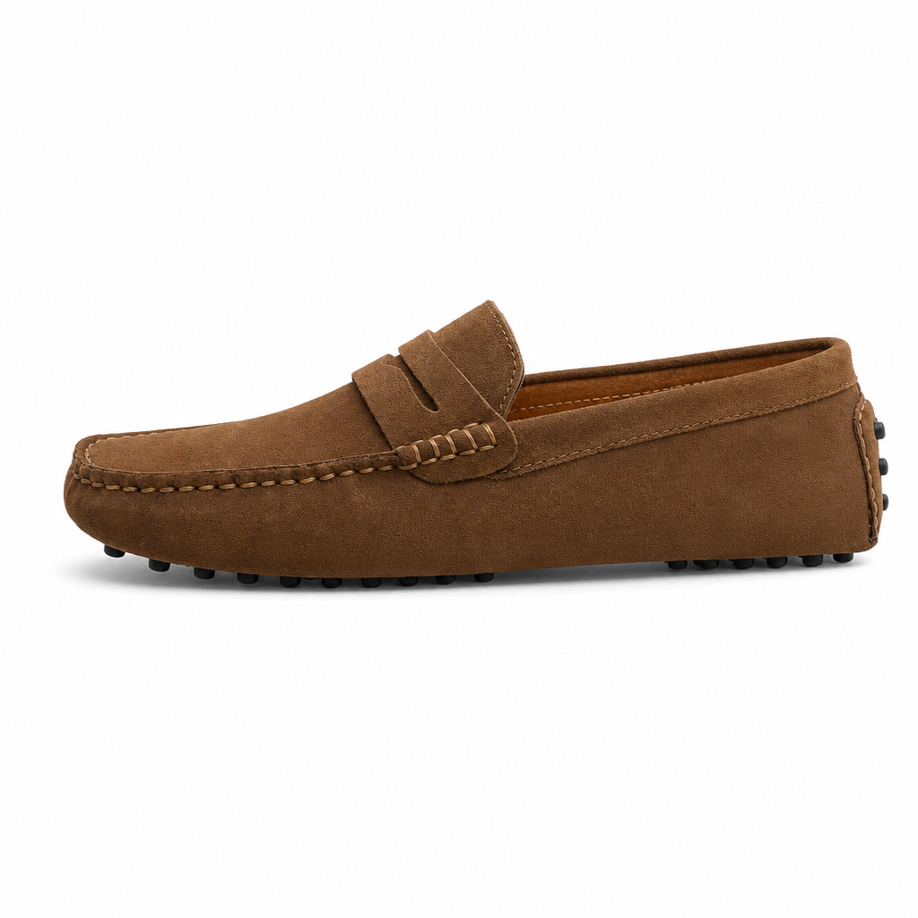 mocassins homme marron en daim vue de côté