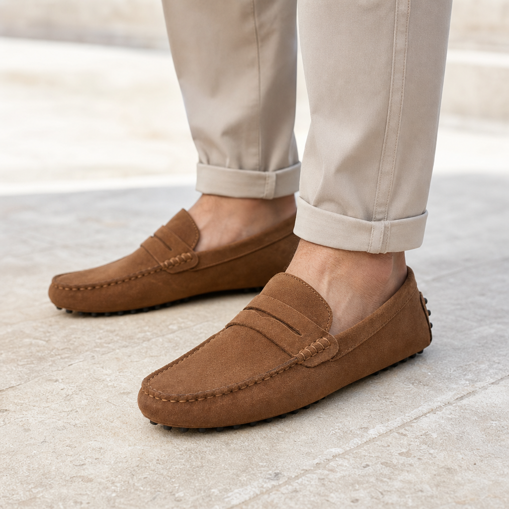 mocassins homme marron en daim détail porté aux pieds