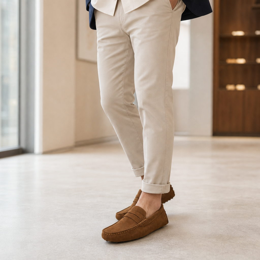 mocassins homme marron en daim photo lifestyle portée