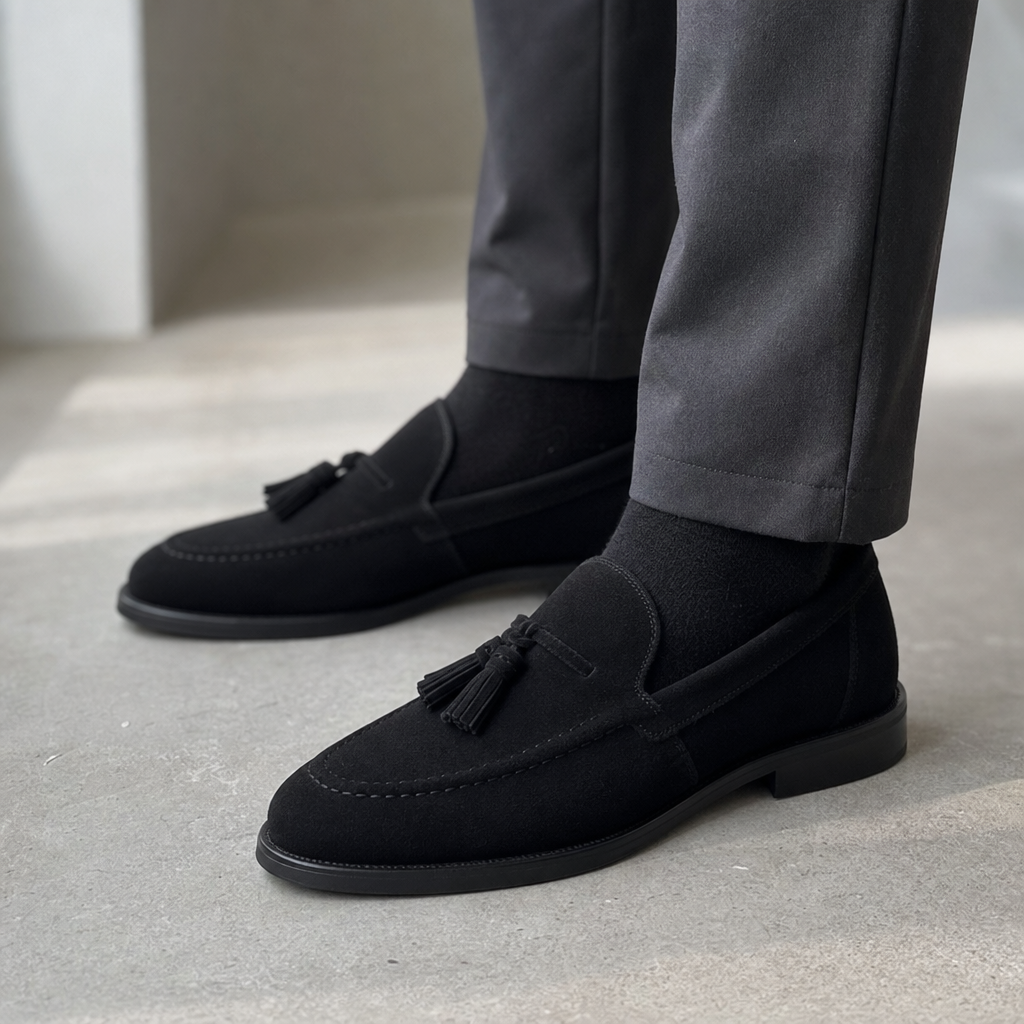 mocassins homme noir en daim en cuir détail porté aux pieds