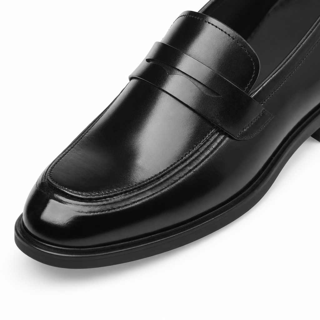 mocassins homme noir verni en cuir gros plan détail