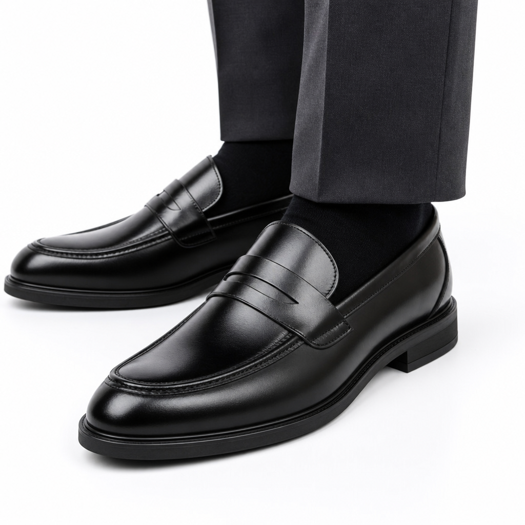 mocassins homme noir verni en cuir détail porté aux pieds