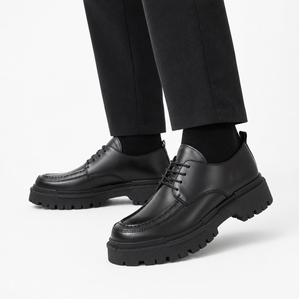 mocassins homme noir en cuir à lacets détail porté aux pieds