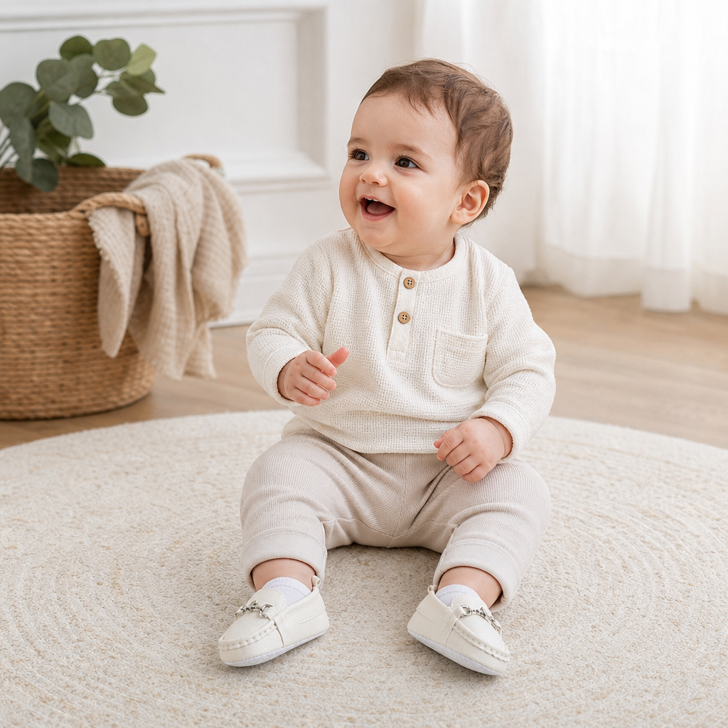 mocassins bébé blancs en cuir à chaînette en photo portée lifestyle