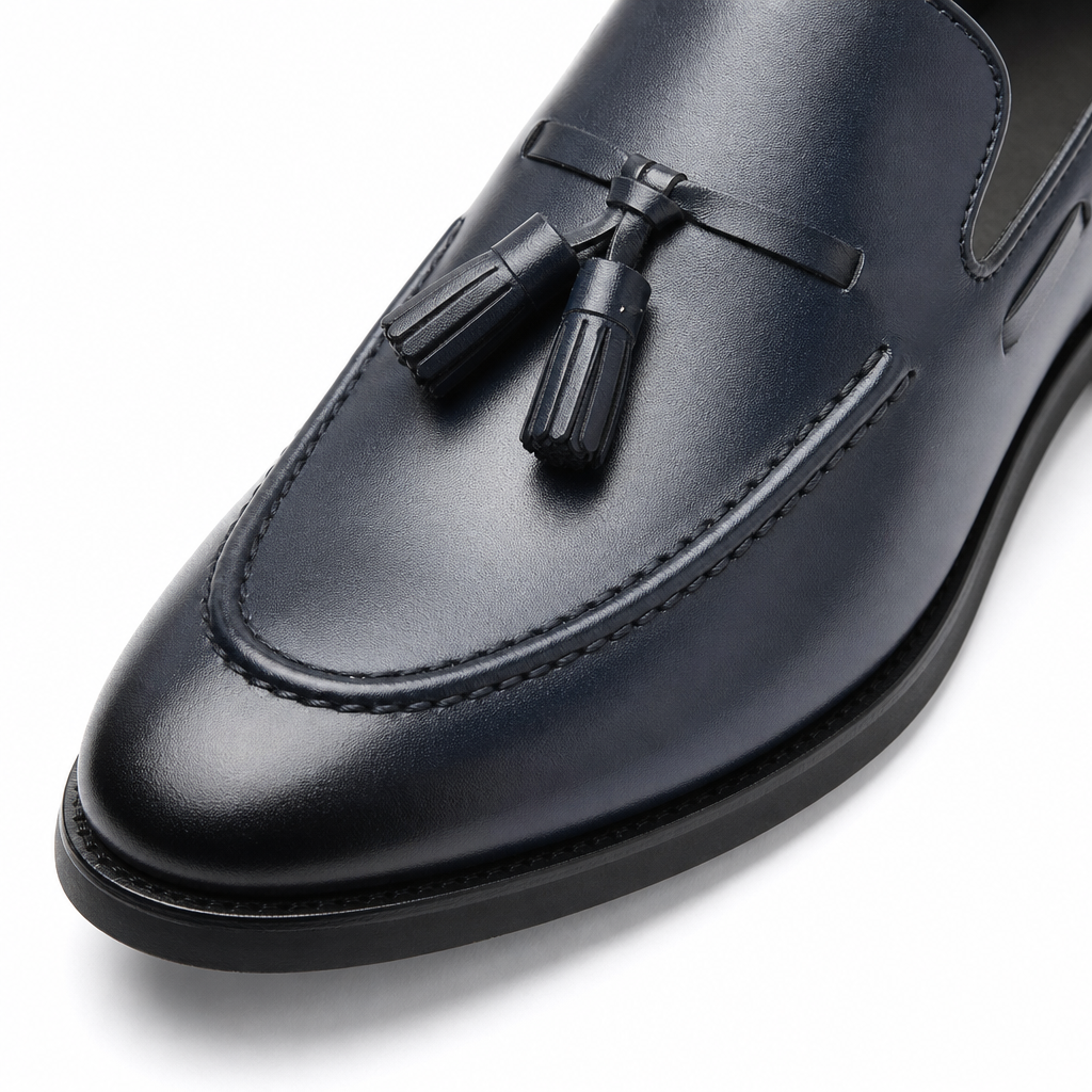 mocassins homme bleu marine en cuir à glands gros plan détail