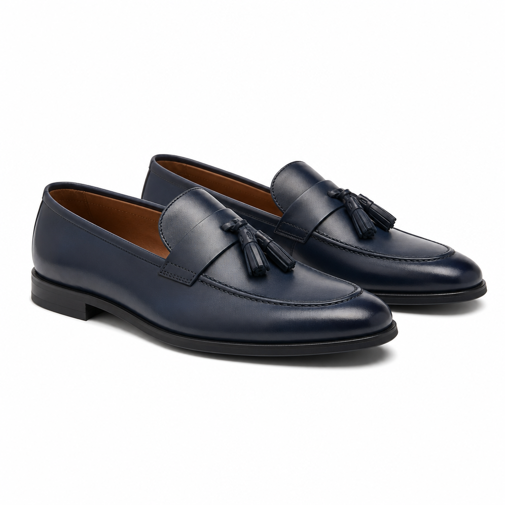 mocassins homme bleu marine en cuir à glands paire sur fond blanc