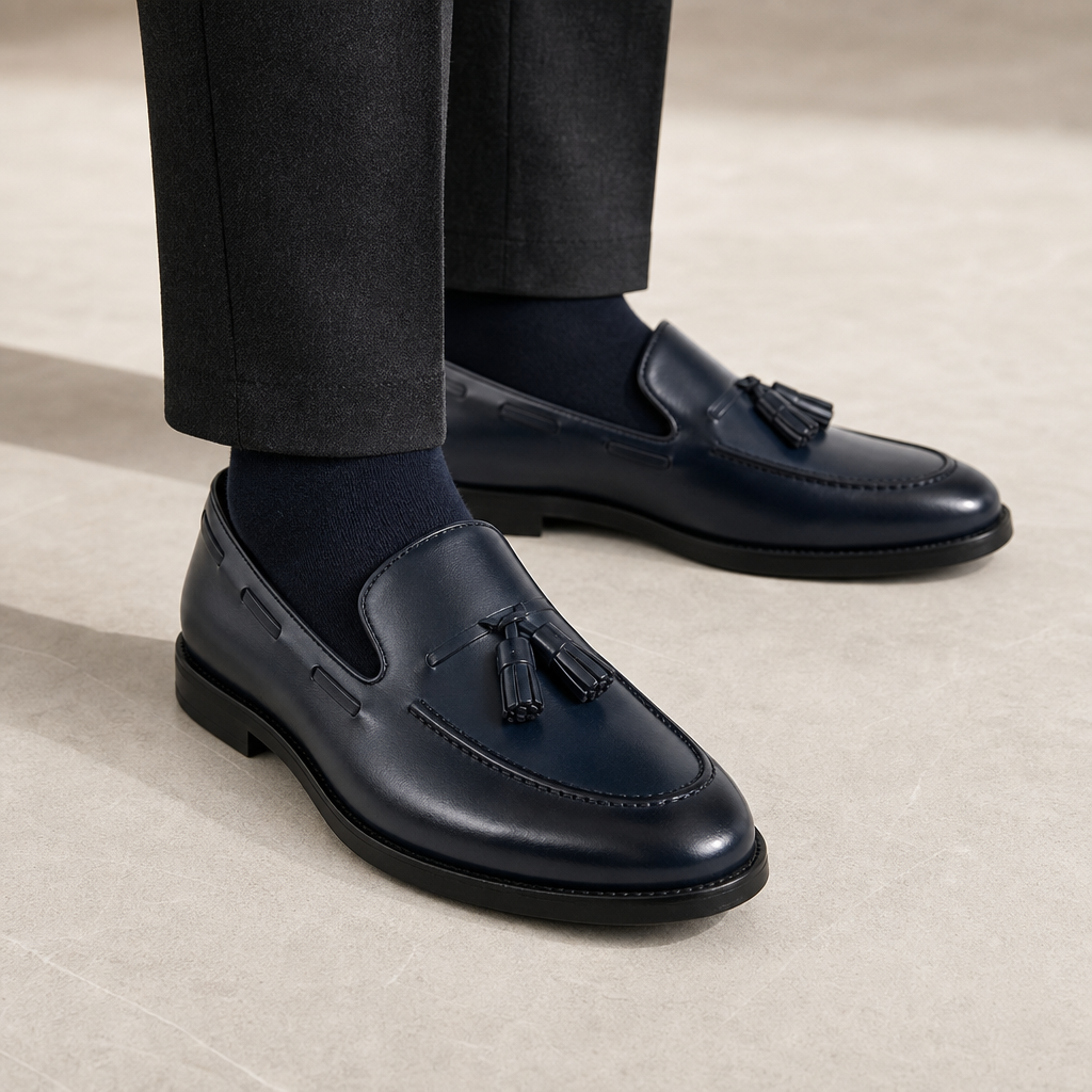 mocassins homme bleu marine en cuir à glands détail porté aux pieds