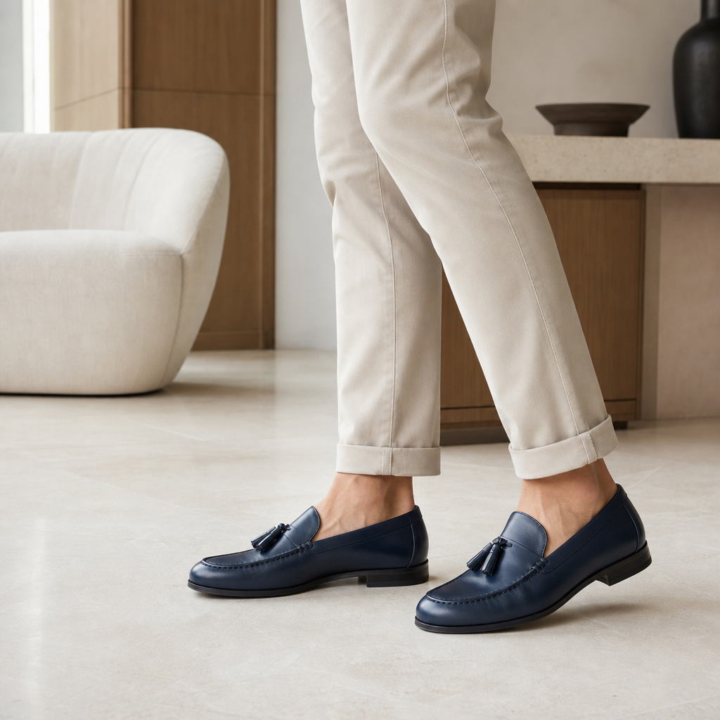 mocassins homme bleu marine en cuir à glands photo lifestyle portée