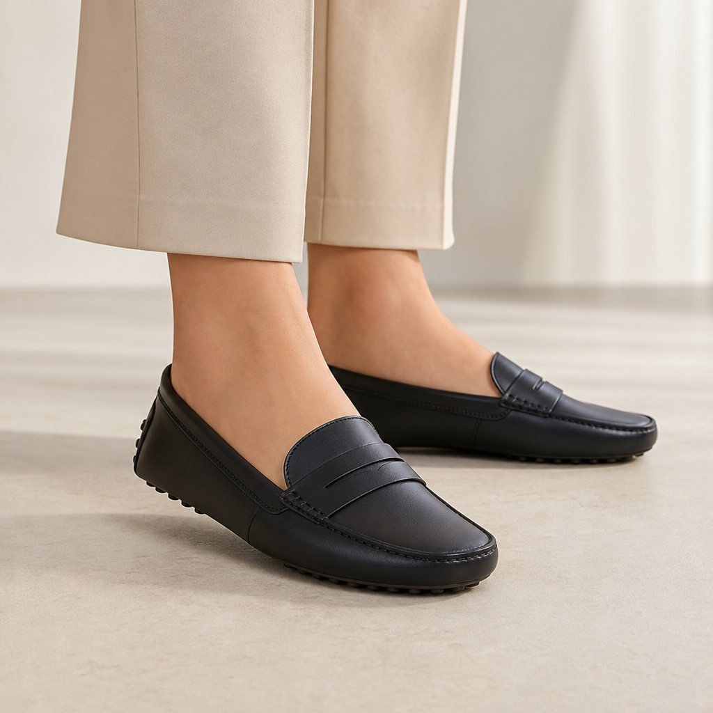 mocassins femme noir en cuir détail porté aux pieds