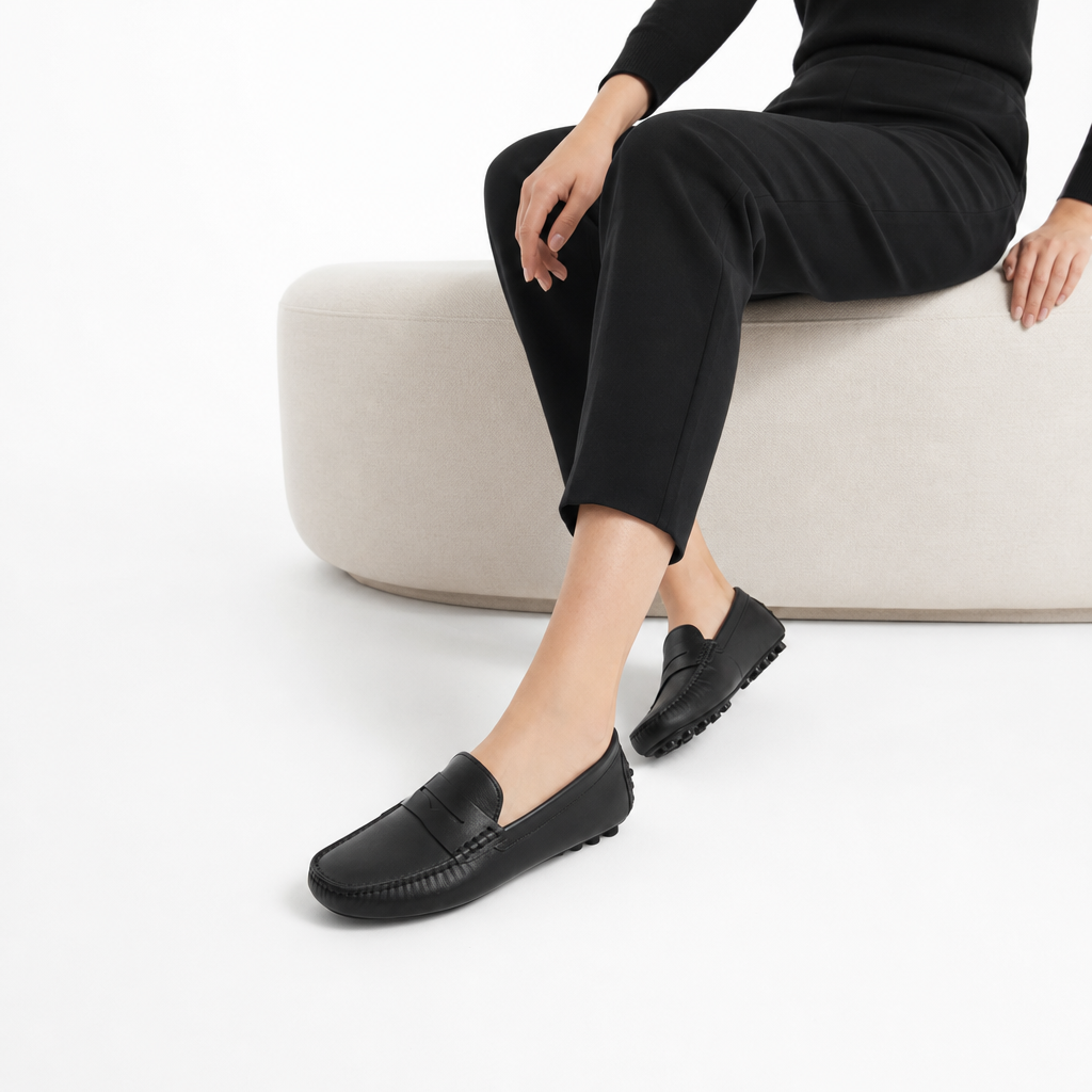 mocassins femme noir en cuir photo lifestyle portée